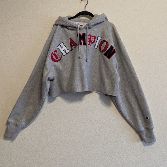 Champion Reverse Weave Cropped Hoodie “Old English” Spellout Gray Women's XLarge - Picture 2 of 6